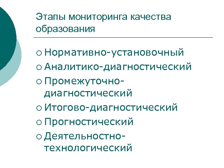 Этапы мониторинга качества образования ¡ Нормативно-установочный ¡ Аналитико-диагностический ¡ Промежуточно- диагностический ¡ Итогово-диагностический ¡