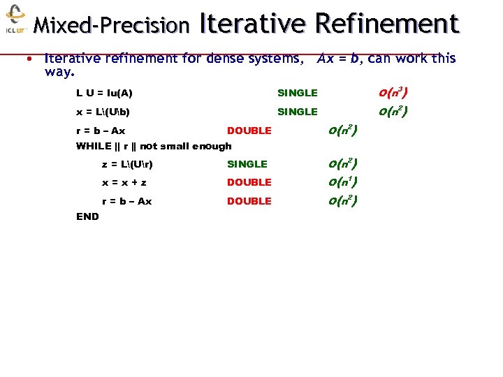 Mixed-Precision Iterative Refinement • Iterative refinement for dense systems, Ax = b, can work