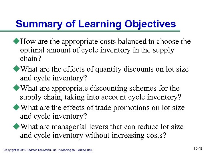 Summary of Learning Objectives u. How are the appropriate costs balanced to choose the