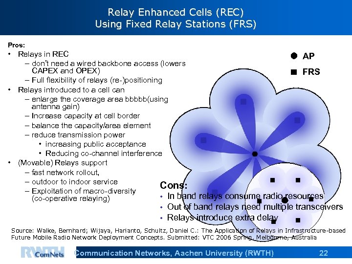Relay Enhanced Cells (REC) Using Fixed Relay Stations (FRS) Pros: • Relays in REC