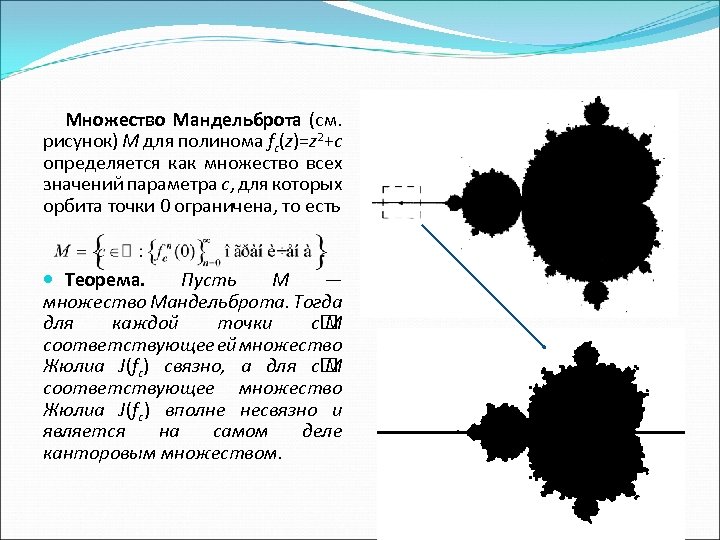 Множество Мандельброта (см. рисунок) M для полинома fс(z)=z 2+c определяется как множество всех значений