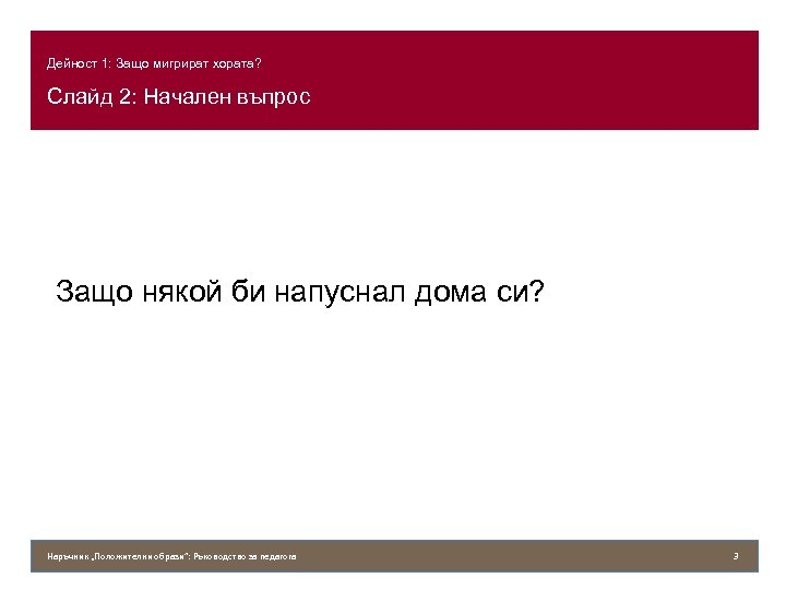 Дейност 1: Защо мигрират хората? Слайд 2: Начален въпрос Защо някой би напуснал дома