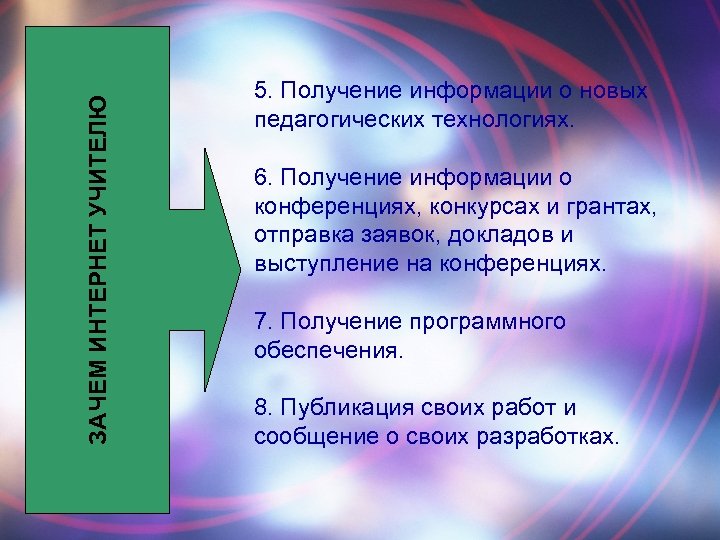ЗАЧЕМ ИНТЕРНЕТ УЧИТЕЛЮ 5. Получение информации о новых педагогических технологиях. 6. Получение информации о