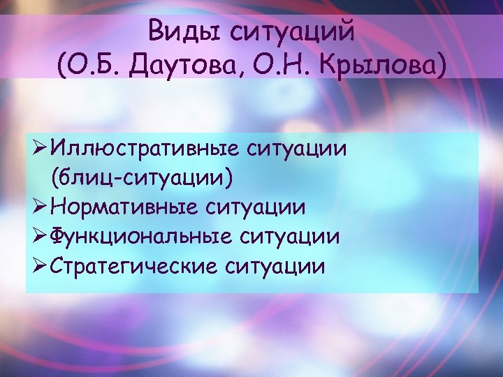 Виды ситуаций (О. Б. Даутова, О. Н. Крылова) Ø Иллюстративные ситуации (блиц-ситуации) Ø Нормативные