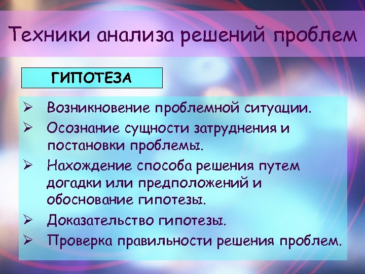 Техники анализа решений проблем ГИПОТЕЗА Ø Возникновение проблемной ситуации. Ø Осознание сущности затруднения и