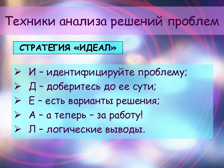Техники анализа решений проблем СТРАТЕГИЯ «ИДЕАЛ» Ø Ø Ø И – идентифицируйте проблему; Д