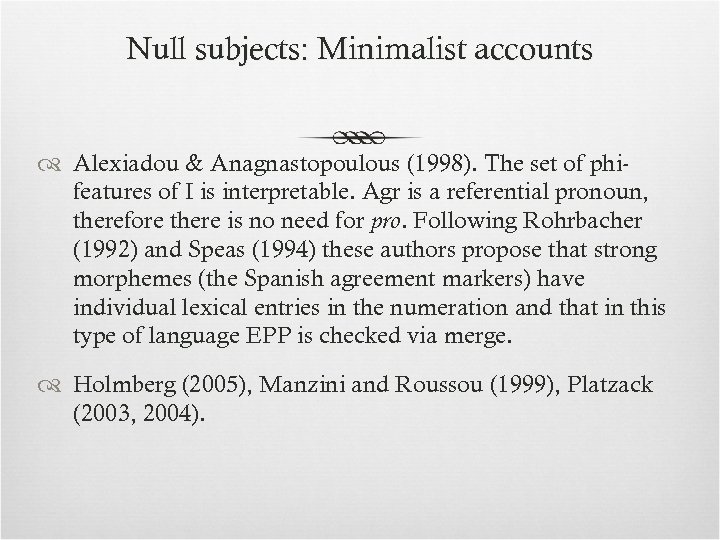 Null subjects: Minimalist accounts Alexiadou & Anagnastopoulous (1998). The set of phifeatures of I