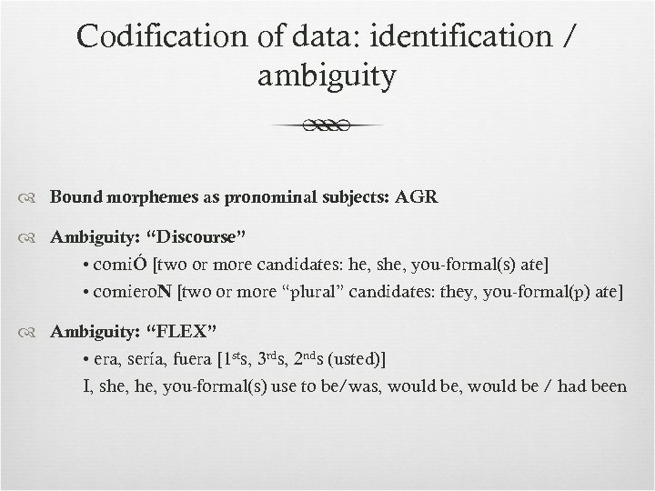 Codification of data: identification / ambiguity Bound morphemes as pronominal subjects: AGR Ambiguity: “Discourse”