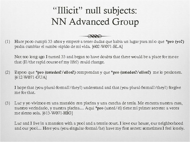 “Illicit” null subjects: NN Advanced Group (1) Hace poco cumplí 33 años y empecé