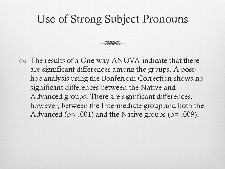 Use of Strong Subject Pronouns The results of a One-way ANOVA indicate that there