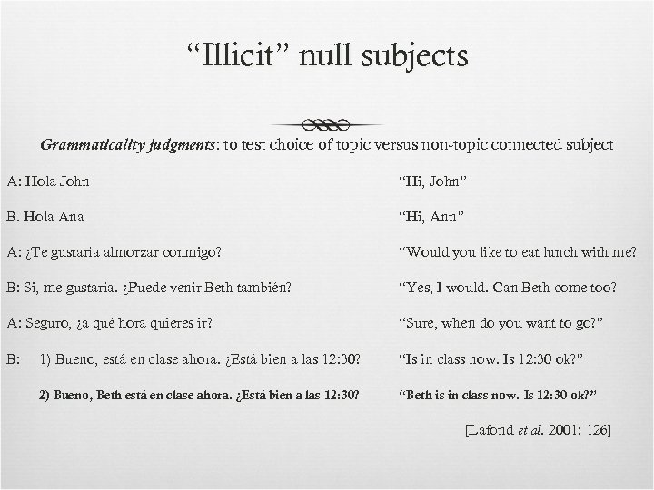 “Illicit” null subjects Grammaticality judgments: to test choice of topic versus non-topic connected subject