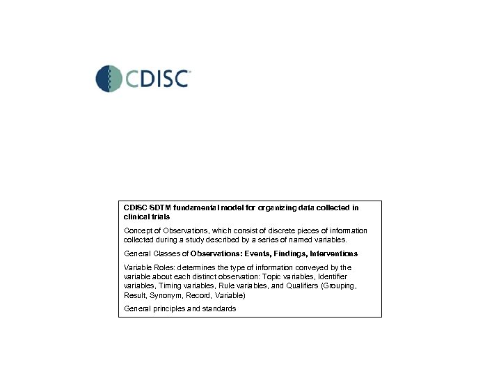 CDISC SDTM fundamental model for organizing data collected in clinical trials Concept of Observations,