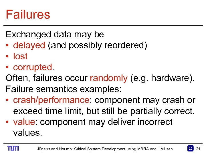 Failures Exchanged data may be • delayed (and possibly reordered) • lost • corrupted.