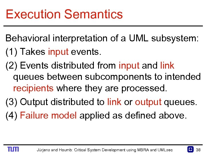 Execution Semantics Behavioral interpretation of a UML subsystem: (1) Takes input events. (2) Events