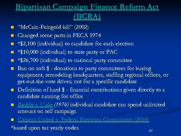 Bipartisan Campaign Finance Reform Act (BCRA) “Mc. Cain-Feingold bill” (2002) n Changed some parts