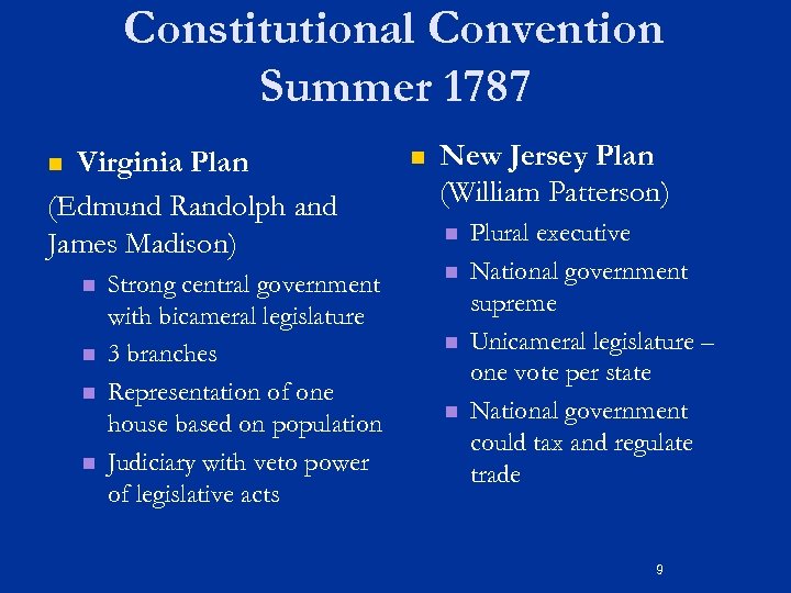 Constitutional Convention Summer 1787 Virginia Plan (Edmund Randolph and James Madison) n n n
