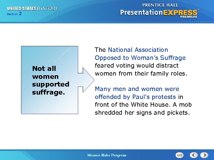 Section 2 Not all women supported suffrage. The National Association Opposed to Woman’s Suffrage