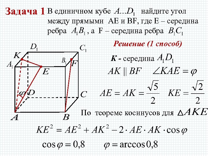 Задача 1 В единичном кубе найдите угол между прямыми AE и BF, где Е