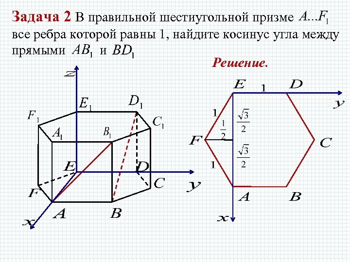 Задача 2 В правильной шестиугольной призме все ребра которой равны 1, найдите косинус угла