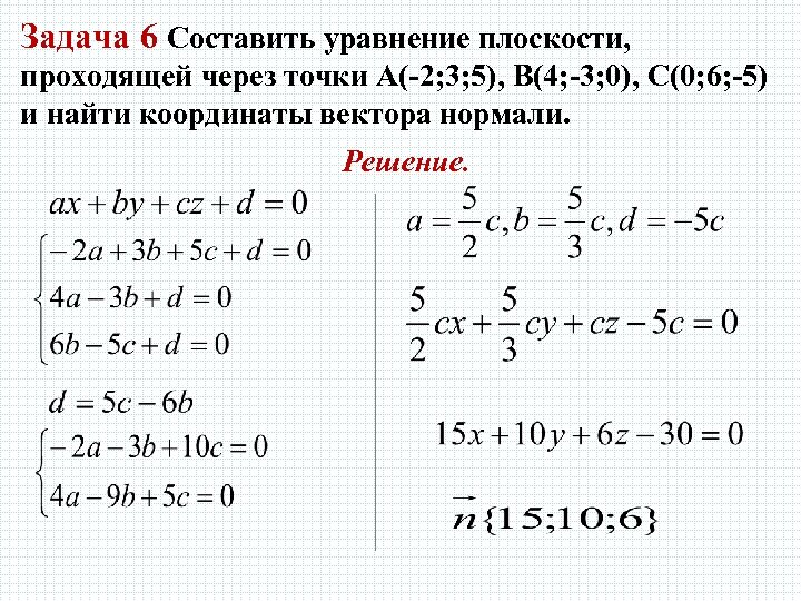 Задача 6 Составить уравнение плоскости, проходящей через точки А(-2; 3; 5), В(4; -3; 0),