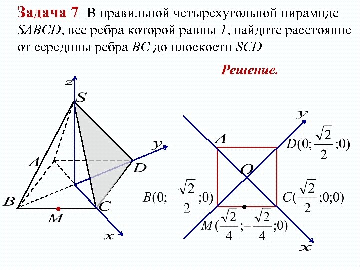 Задача 7 В правильной четырехугольной пирамиде SABCD, все ребра которой равны 1, найдите расстояние