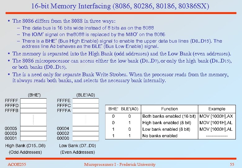 16 -bit Memory Interfacing (8086, 80286, 80186, 80386 SX) • The 8086 differs from