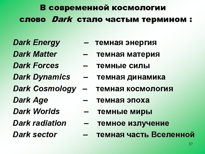 В современной космологии слово Dark стало частым термином : Dark Energy Dark Matter Dark