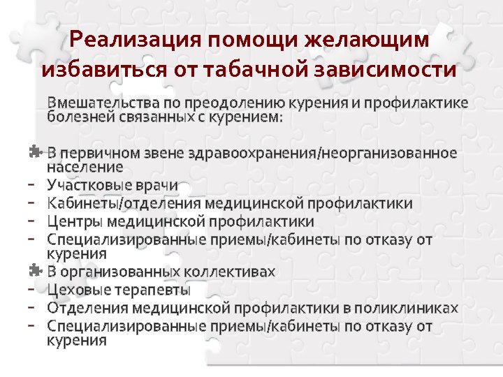 Реализация помощи желающим избавиться от табачной зависимости Вмешательства по преодолению курения и профилактике болезней