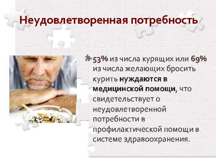 Неудовлетворенная потребность 53% из числа курящих или 69% из числа желающих бросить курить нуждаются