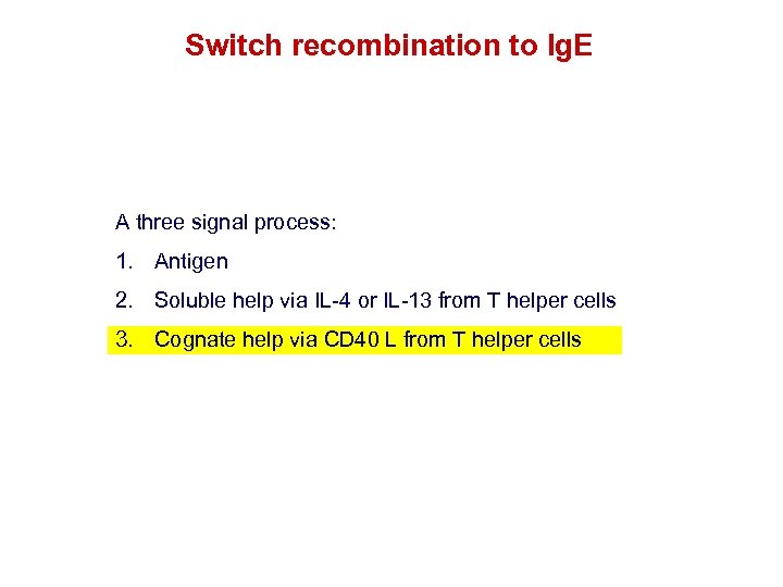 Switch recombination to Ig. E A three signal process: 1. Antigen 2. Soluble help
