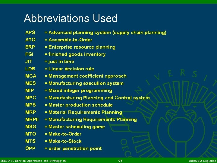 Abbreviations Used APS = Advanced planning system (supply chain planning) ATO ERP = Assemble-to-Order