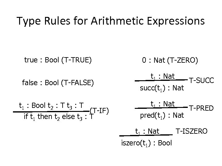 Type Rules for Arithmetic Expressions true : Bool (T-TRUE) false : Bool (T-FALSE) t
