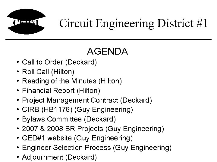 CED#1 Circuit Engineering District #1 AGENDA • • • Call to Order (Deckard) Roll