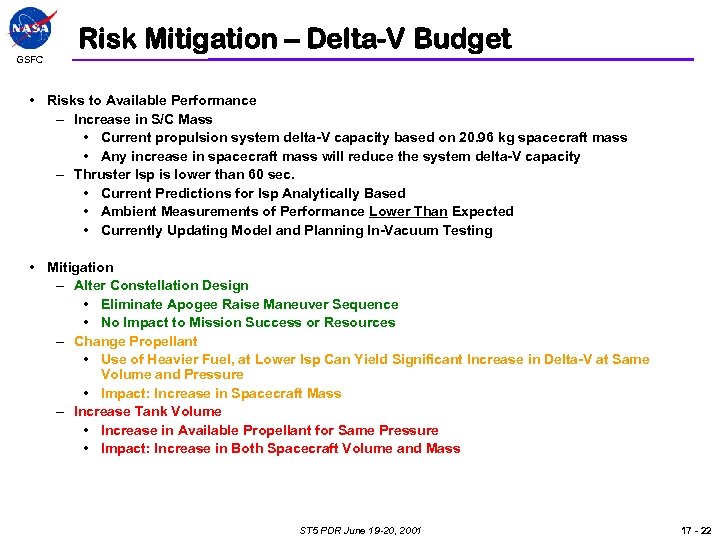 GSFC Risk Mitigation – Delta-V Budget • Risks to Available Performance – Increase in