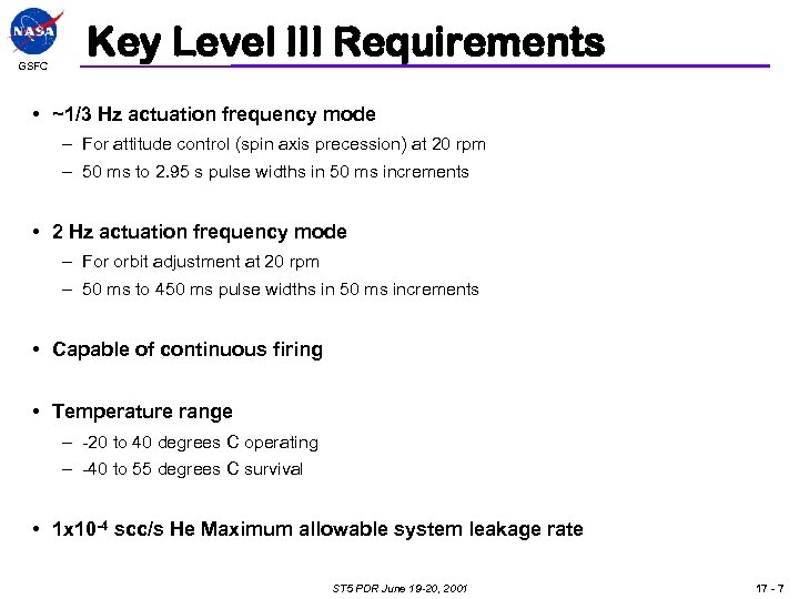 GSFC Key Level III Requirements • ~1/3 Hz actuation frequency mode – For attitude