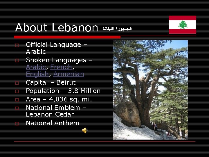 About Lebanon o o o o Official Language – Arabic Spoken Languages – Arabic,