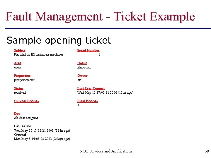 Fault Management - Ticket Example Sample opening ticket Subject Fix sshd on E 2