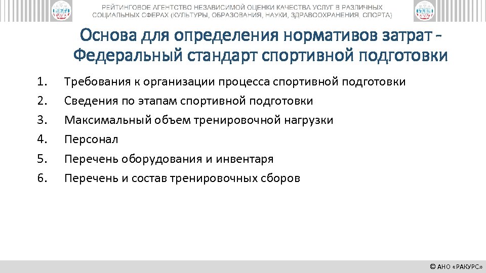 Основа для определения нормативов затрат Федеральный стандарт спортивной подготовки 1. 2. 3. 4. 5.