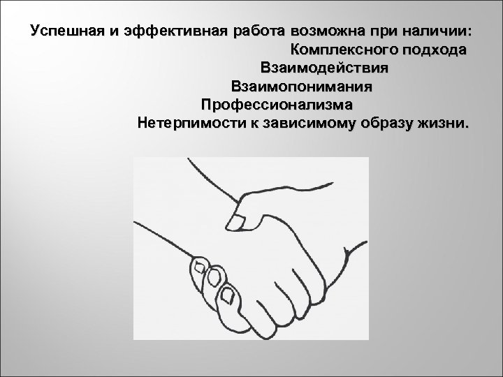 Успешная и эффективная работа возможна при наличии: Комплексного подхода Взаимодействия Взаимопонимания Профессионализма Нетерпимости к