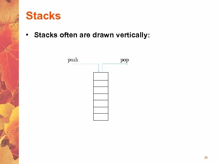 Stacks • Stacks often are drawn vertically: push pop 24 