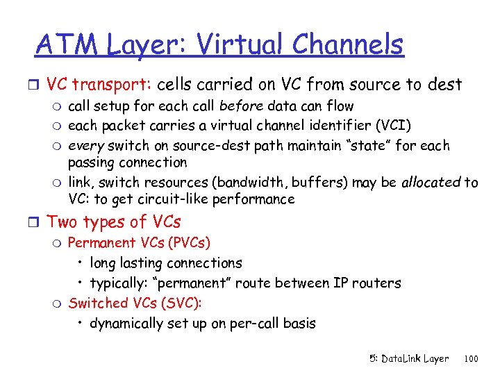 ATM Layer: Virtual Channels r VC transport: cells carried on VC from source to