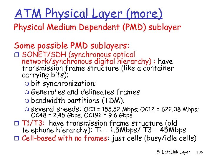 ATM Physical Layer (more) Physical Medium Dependent (PMD) sublayer Some possible PMD sublayers: r