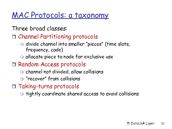 MAC Protocols: a taxonomy Three broad classes: r Channel Partitioning protocols m m divide