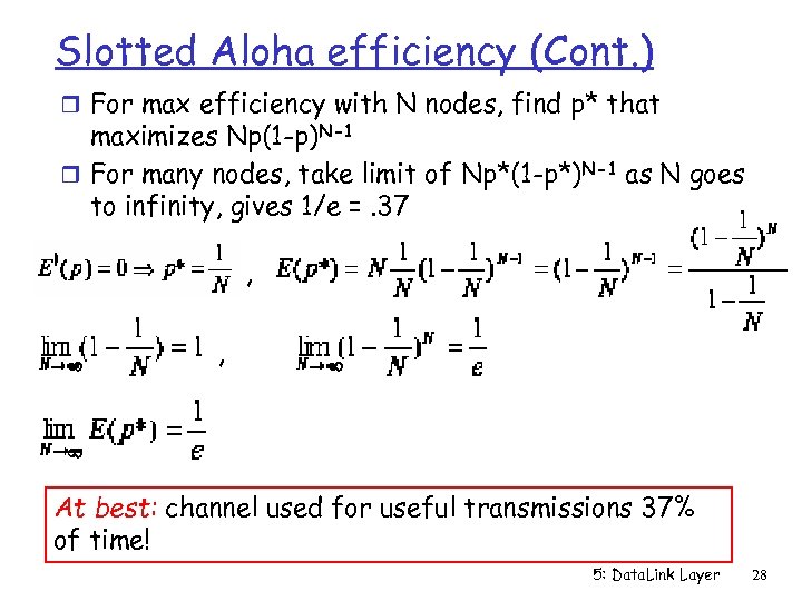 Slotted Aloha efficiency (Cont. ) r For max efficiency with N nodes, find p*