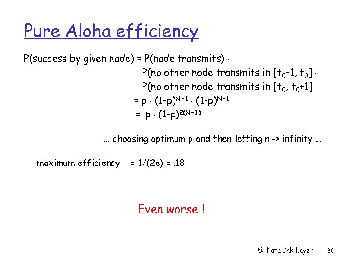 Pure Aloha efficiency P(success by given node) = P(node transmits). P(no other node transmits