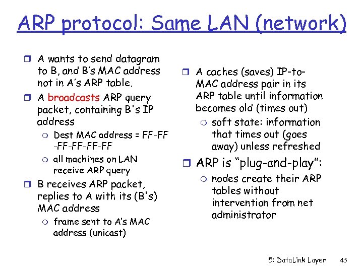 ARP protocol: Same LAN (network) r A wants to send datagram to B, and