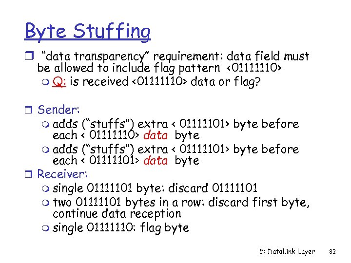 Byte Stuffing r “data transparency” requirement: data field must be allowed to include flag