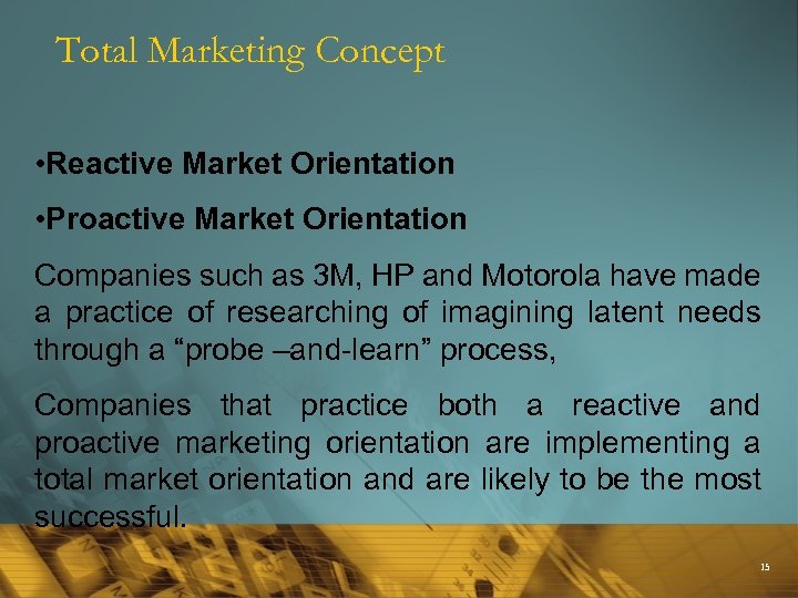 Total Marketing Concept • Reactive Market Orientation • Proactive Market Orientation Companies such as