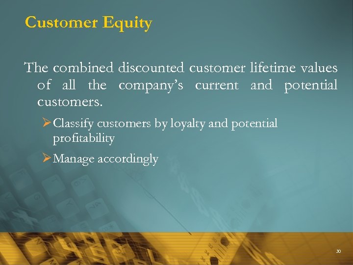 Customer Equity The combined discounted customer lifetime values of all the company’s current and