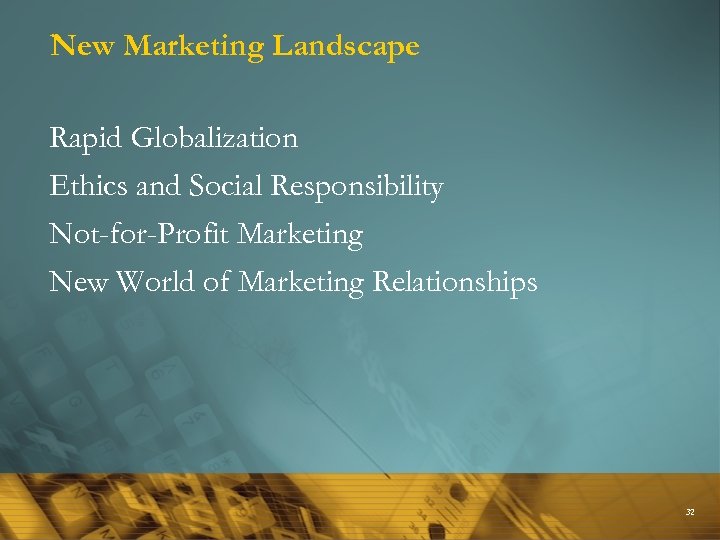 New Marketing Landscape Rapid Globalization Ethics and Social Responsibility Not-for-Profit Marketing New World of